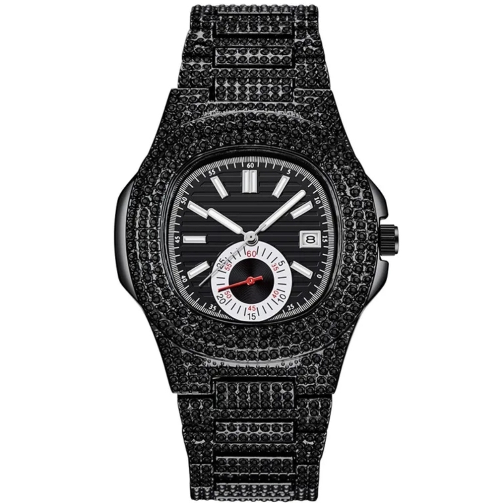 Mens Iced Luxury Fully Covered Black Simulated Diamonds Quartz Movement Watch
